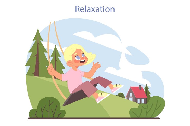 Vector niños emociones niña pequeña balanceándose niña sonriente sentada montando en el columpio divirtiéndose al aire libre