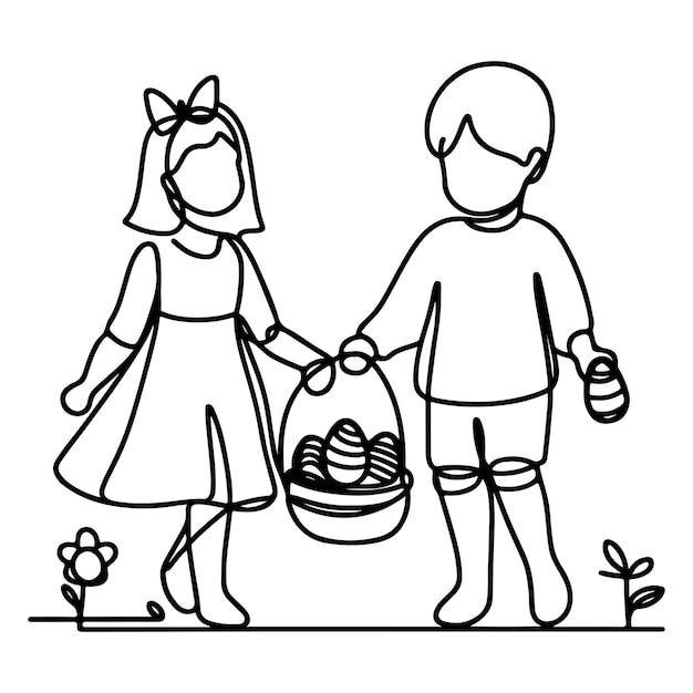 niños encuentran y recogen huevos cazan conejo dibujado a mano dibujo de línea negra continuo arte niño lleva canasta huevo de Pascua garabateo de coloreo elementos de ilustración vectorial