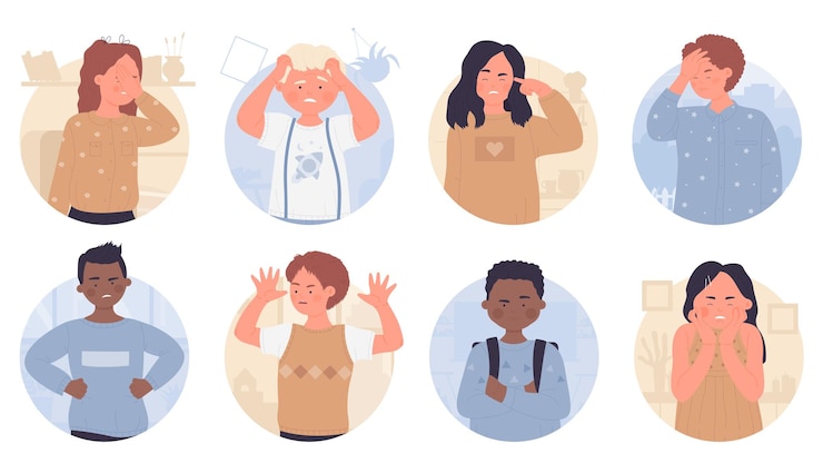 Vector niños enojados y molestos en el conjunto de avatares redondos niño y niña sintiendo estrés y malas emociones