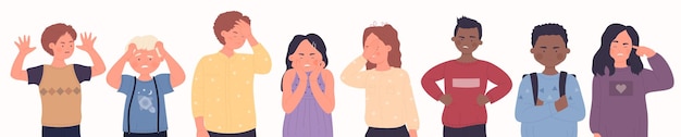 Niños enojados y testarudos hacen que la niña y el niño tengan caras tristes, frustradas y agresivas.