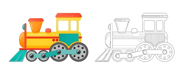Los niños entrenan el juguete en el libro de colorear de estilo de dibujos animados. Ilustración de vector aislado sobre fondo blanco.