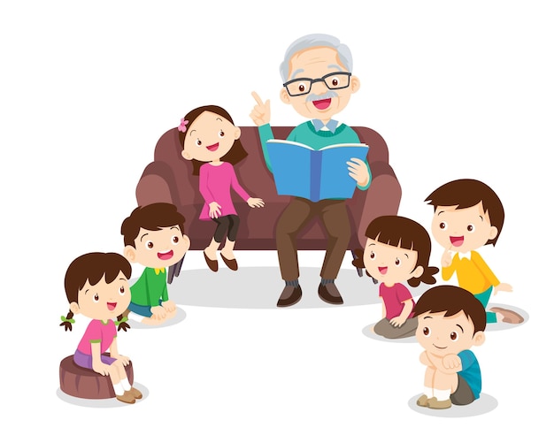 Los niños escuchan a los abuelos de papá mamá leyendo un libro en el sofá