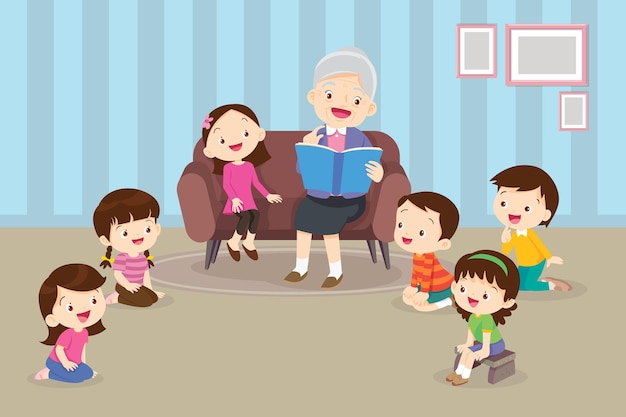 Los niños escuchan a los abuelos de papá mamá leyendo un libro en el sofá