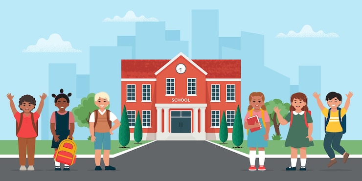 Vector niños de la escuela cerca del edificio de la escuela regreso a la escuela ilustración de vector de estilo plano