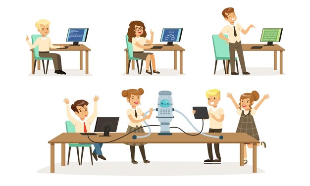Niños de la escuela en la colección de lecciones de informática o programación Estudiantes trabajando en computadoras Ilustración vectorial en fondo blanco
