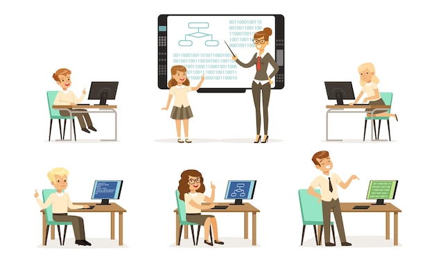 Niños de la escuela en la colección de lecciones de informática o programación Estudiantes trabajando en computadoras Maestra de pie junto a la pizarra y explicando la lección Ilustración vectorial