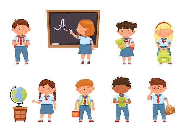 Niños de la escuela de dibujos animados en estudiantes de primaria uniformes con conjunto de vectores de mochilas