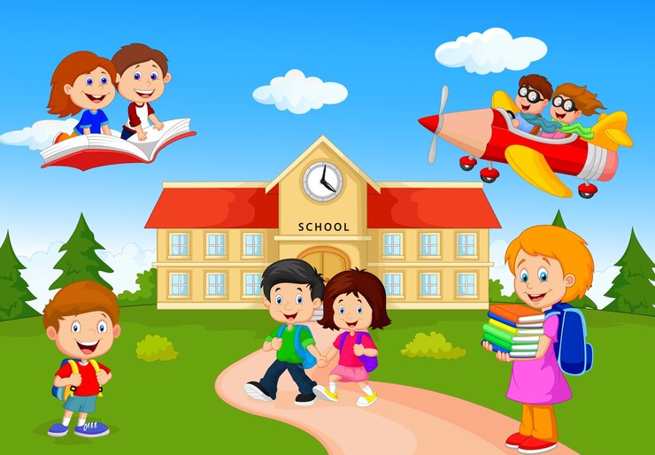 Vector niños de la escuela de dibujos animados feliz