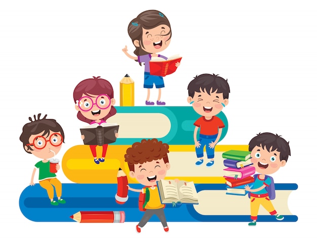 Niños de la escuela de dibujos animados lindo feliz