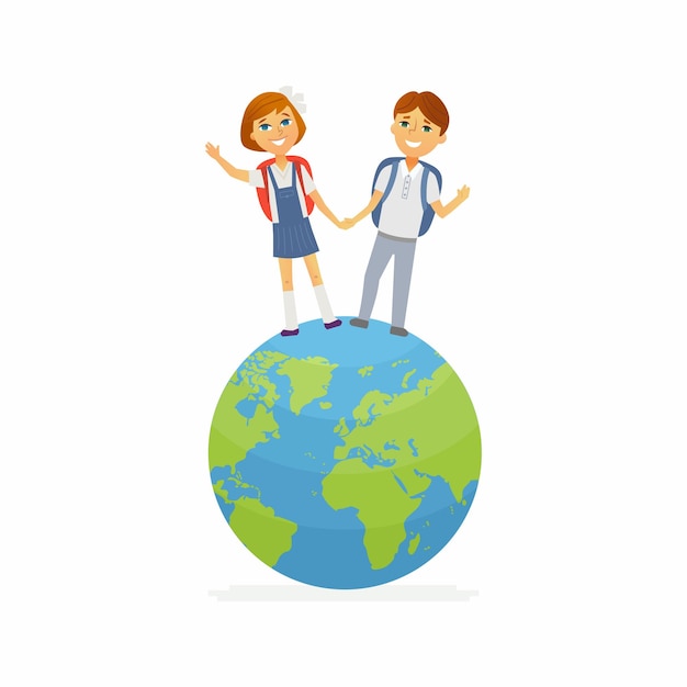 Niños de la escuela - ilustración de personajes de personas vector moderno de feliz niño y niña de pie en el globo terráqueo. Los estudiantes de último año representan estudio en línea, internet, aprendizaje web, geografía