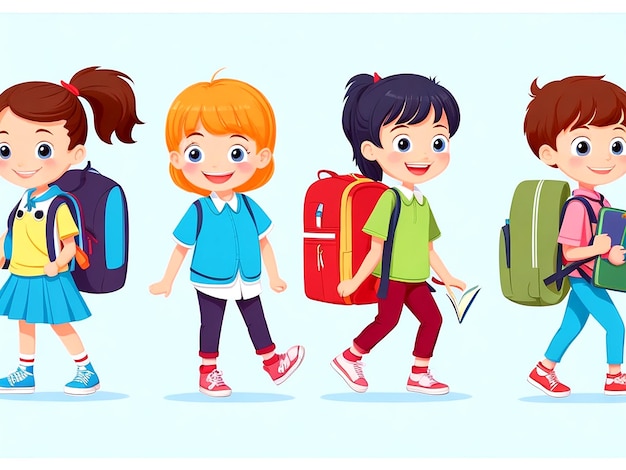 Niños de escuela pequeños de pie sosteniendo libros con mochilas personajes de dibujos animados ai_generated