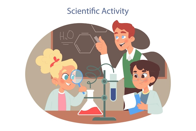 Niños de la escuela primaria de clase científica estudian química juntos y llevan a cabo experimentos científicos