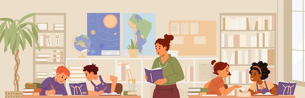 Niños de la escuela primaria sentados en parejas en la lección con el maestro