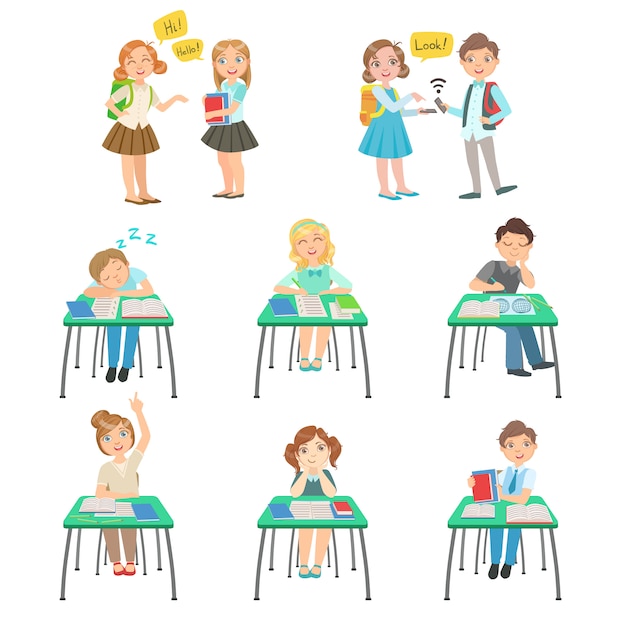 Niños en la escuela sentados en clase y charlando con amigos
