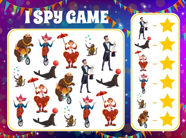 Niños, espía a los artistas del circo shapito del juego, cuántos grandes artistas en la hoja de trabajo. Acertijo de vector con mago de dibujos animados, payaso con paraguas, malabarista de mono, sello con pelota y oso montando bicicleta