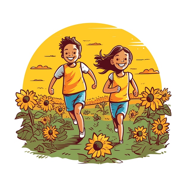 Los niños están corriendo en el sol jardín de flores verano