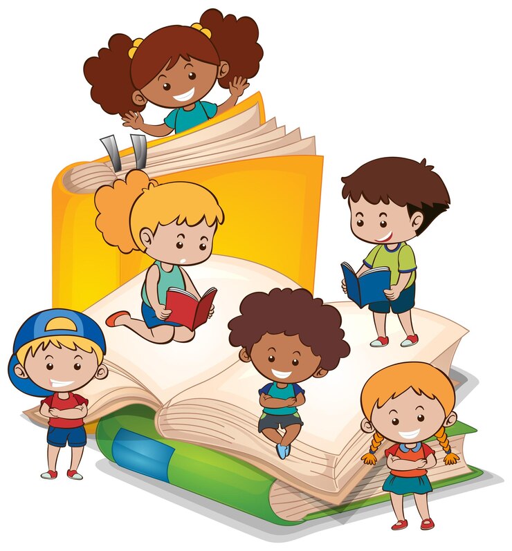 Vector los niños están leyendo libros en una pila de libros.