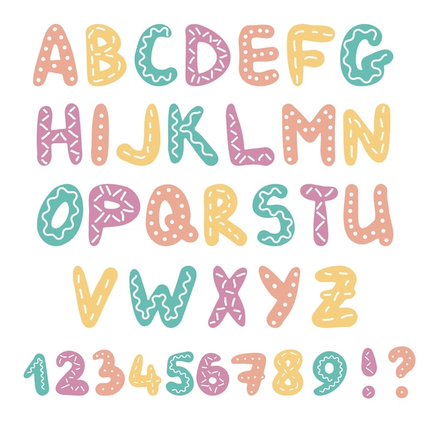 Niños estilo lindo juguetón fuente divertida alfabeto infantil letras números puntos estilizados tiras y ondas