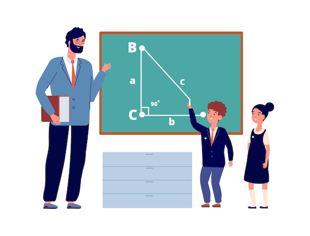 Los niños estudian en la escuela Lección de niños con maestro caricatura niño niña en uniforme de pie en la pizarra en el aula Educación personajes vectoriales planos adolescentes inteligentes