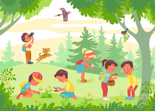 Los niños estudian la naturaleza Investigadores curiosos Los naturalistas observan las plantas Los escolares encuentran insectos y hongos Claro del bosque con niños Niños y niñas exploradores Espléndido concepto de vector