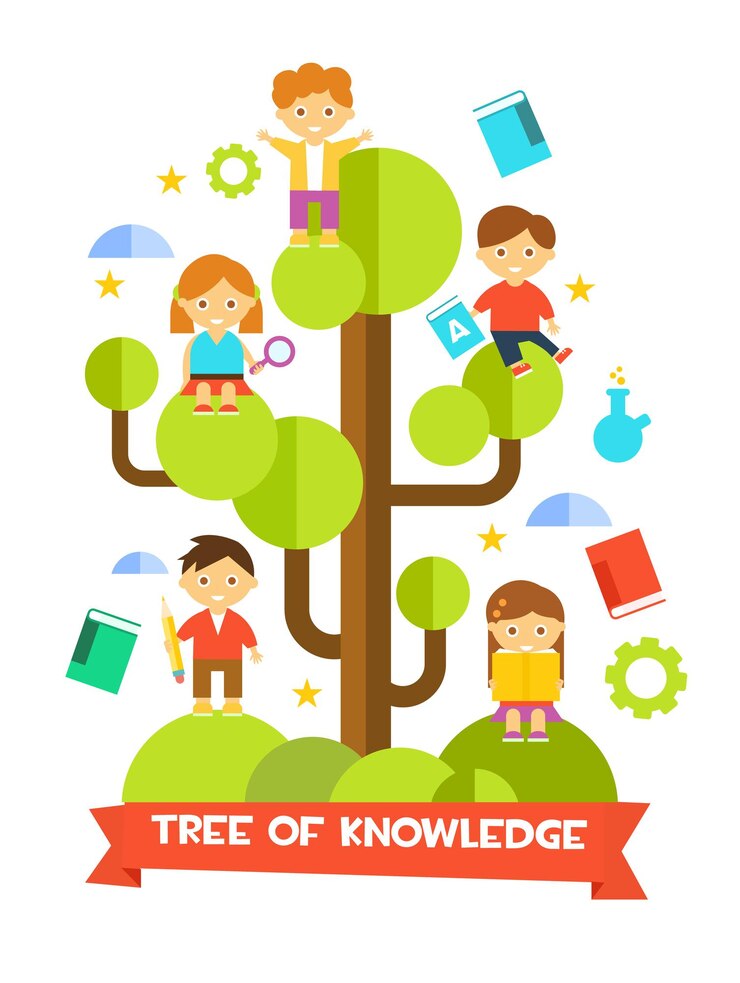 Vector niños estudiando en el árbol. ilustración vectorial plana