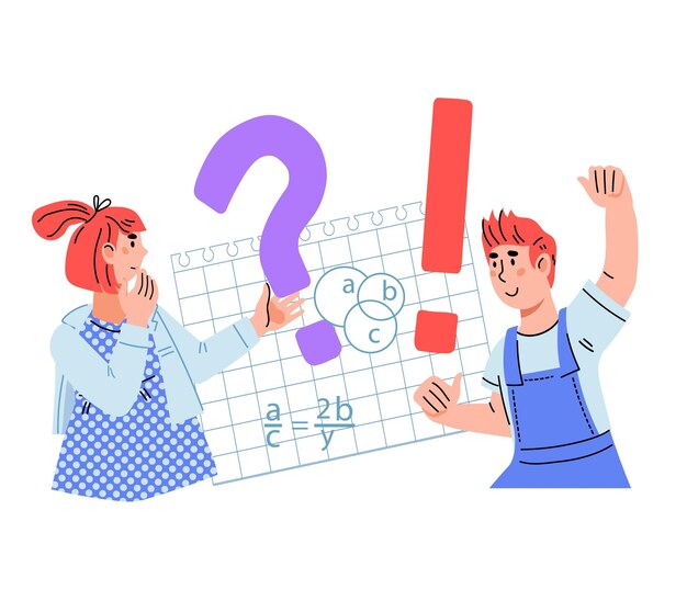 Niños estudiando haciendo preguntas y resolviendo tareas ilustraciones vectoriales planas aisladas en blanco