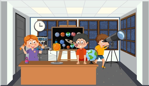 Niños estudiando planeta astronomía