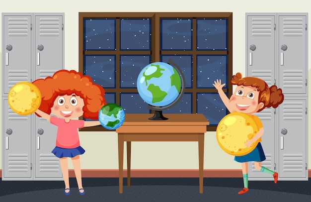 Niños estudiando planeta astronomía