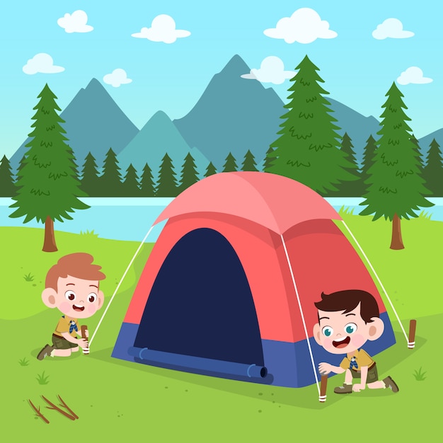 Niños exploradores en la ilustración del campamento