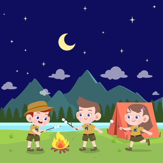 Niños exploradores en la ilustración del campamento
