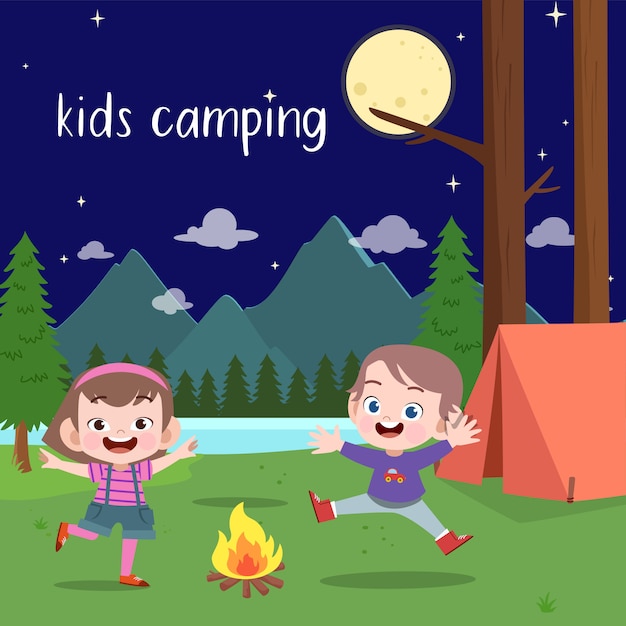 Niños exploradores en la ilustración del campamento