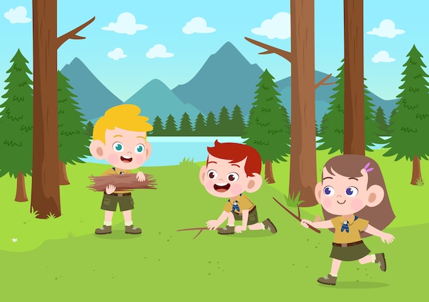 Vector niños exploradores en la ilustración del campamento