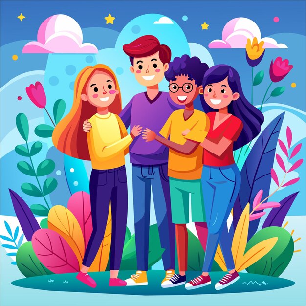 Vector niños familia asiática dibujado a mano personaje de dibujos animados pegatina icono concepto ilustración aislada