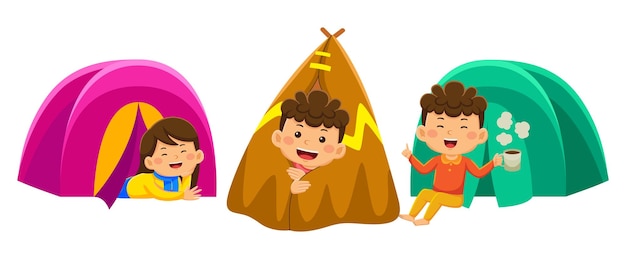niños felices acampando en la ilustración vectorial