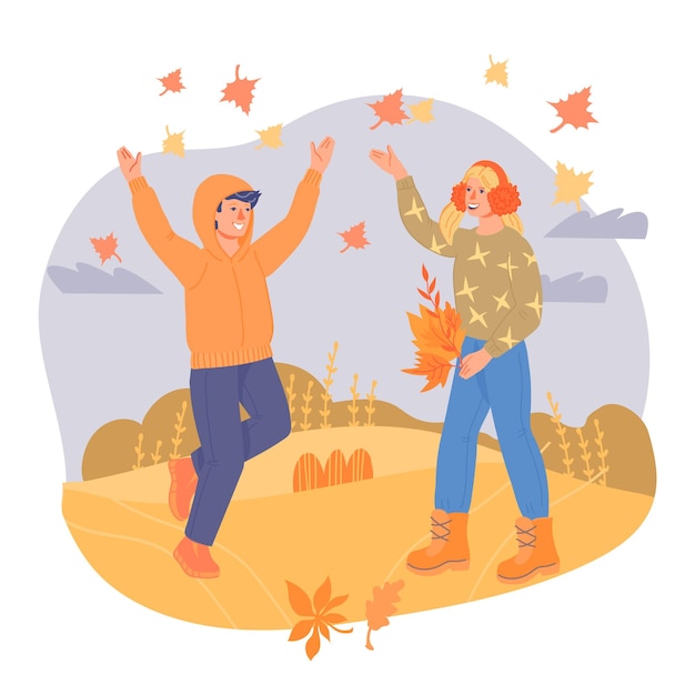 Niños felices adolescentes en ropa de otoño jugando con hojas ilustración vectorial plana