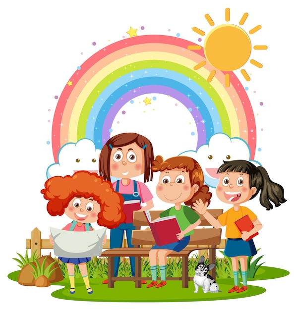 Vector niños felices con arco iris