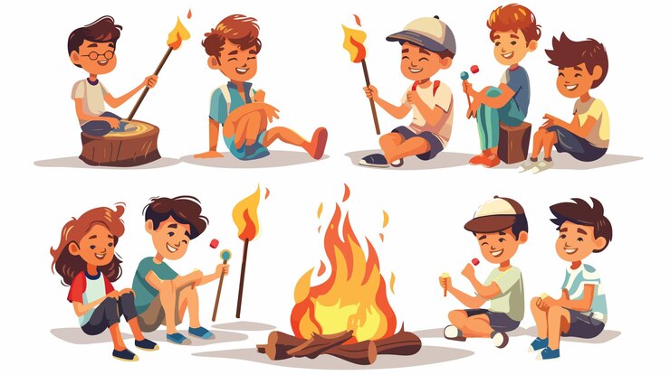 Vector niños felices asando marshmallows en la fogata divertida escena de actividad al aire libre