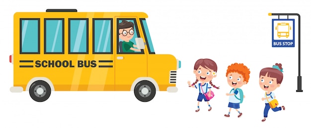 Niños felices y autobús escolar