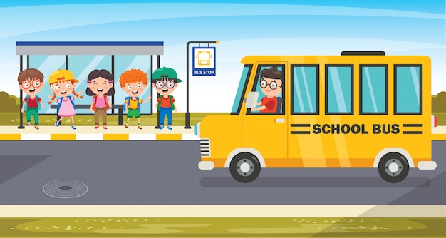 Niños felices y autobús escolar