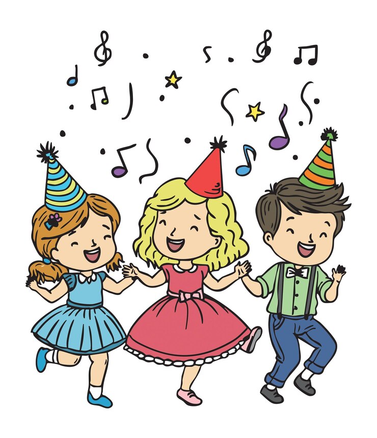 Niños felices bailando en una fiesta de cumpleaños con notas de música Ilustración de celebración divertida