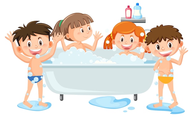 Vector niños felices en la bañera