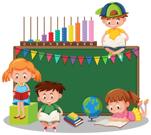 Niños felices con banner de pizarra