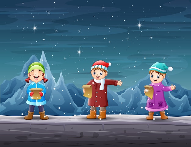 Niños felices cantando en el paisaje iceberg