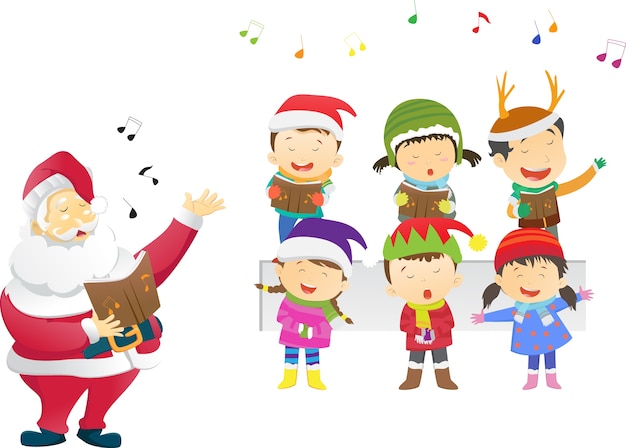 Vector niños felices cantando villancicos con santa