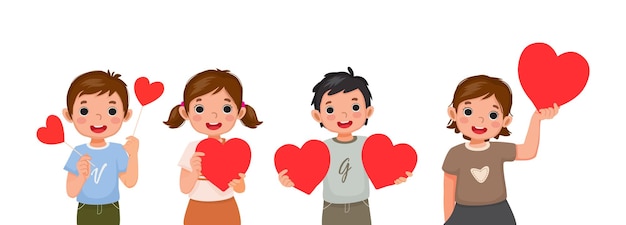 Niños felices con cartel en forma de corazón rojo como símbolo de amor para las celebraciones del día de San Valentín