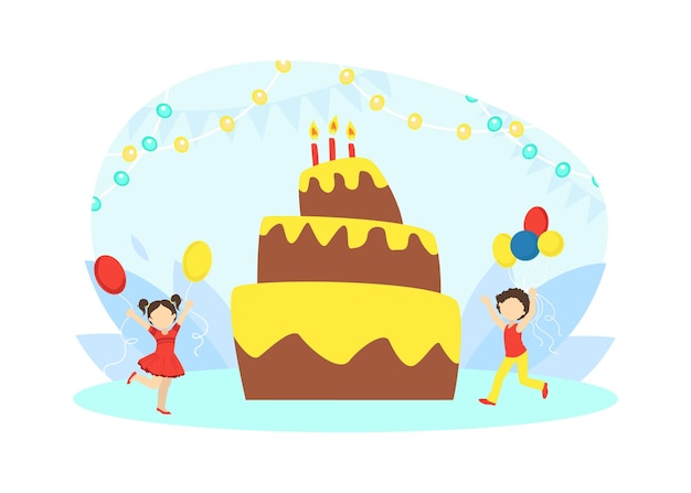 Vector los niños felices celebran su cumpleaños con un pastel enorme con velas ilustración vectorial