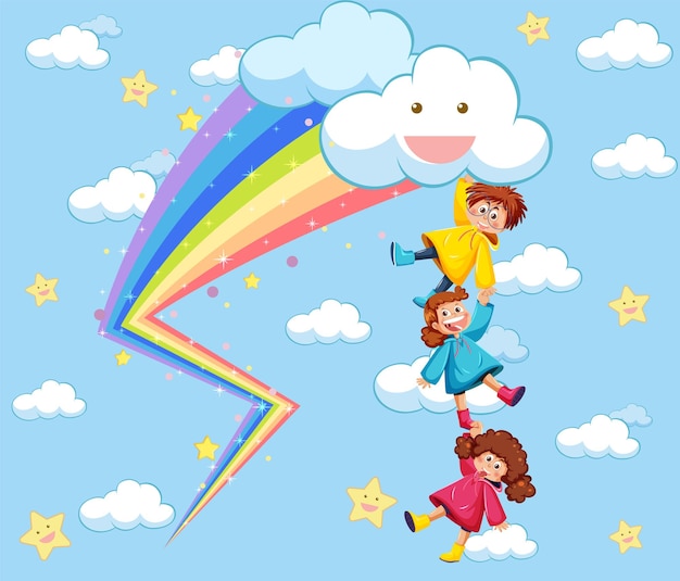 Vector niños felices en el cielo con arco iris