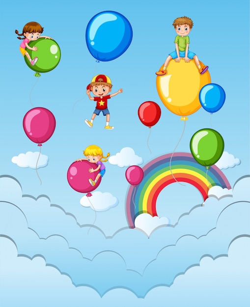 Vector niños felices en coloridos globos en el cielo