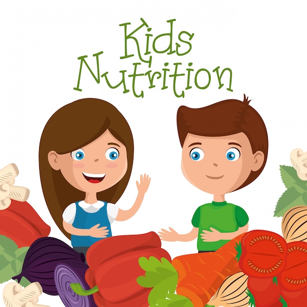 Vector niños felices con comida de nutrición