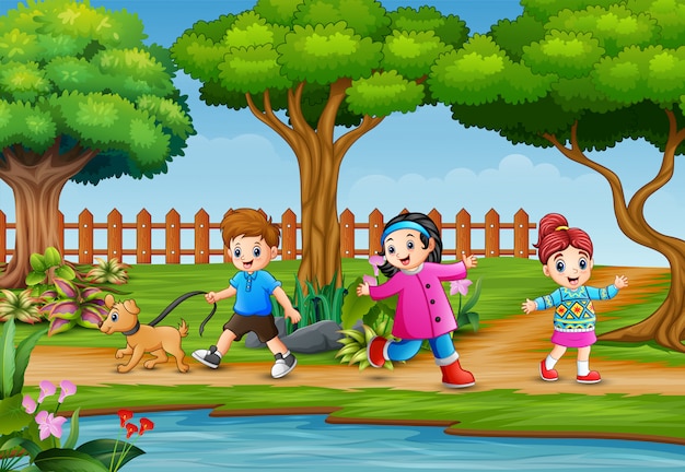 Vector niños felices corriendo en la hermosa naturaleza